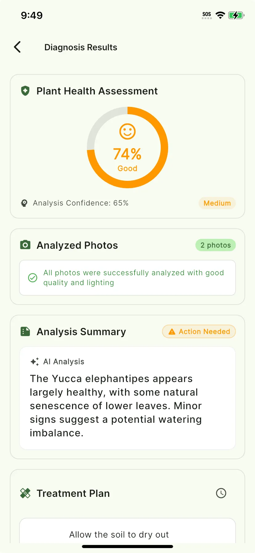 AI Plant Doctor diagnosis result showing plant health analysis